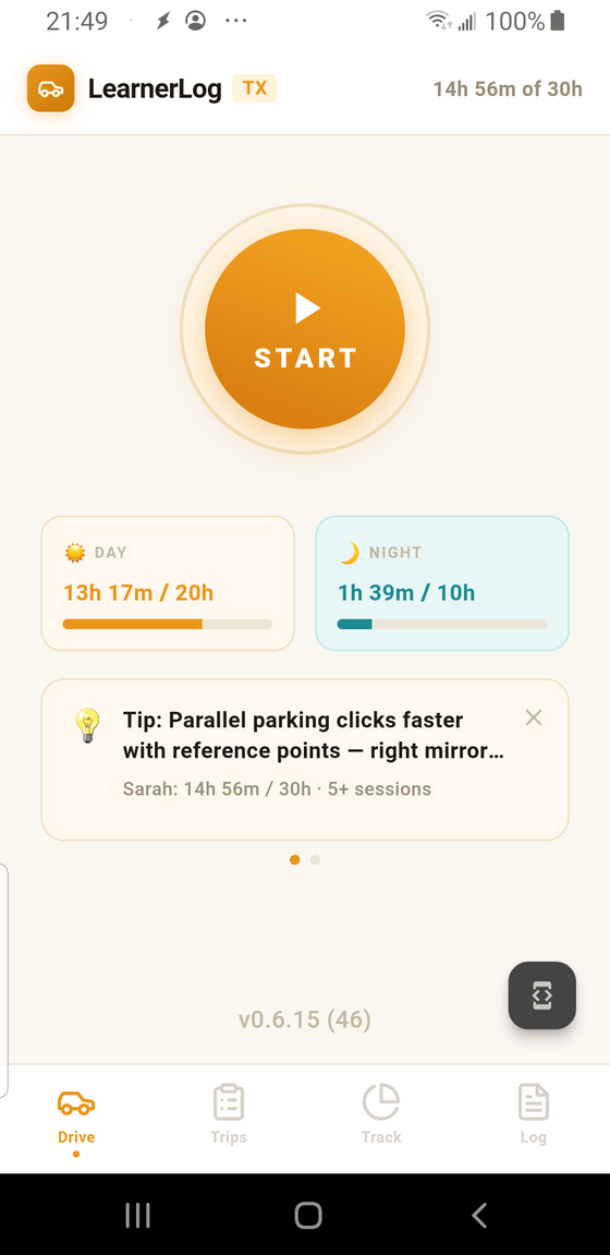 LearnerLog Drive Home screen with a large orange START button and day/night totals below