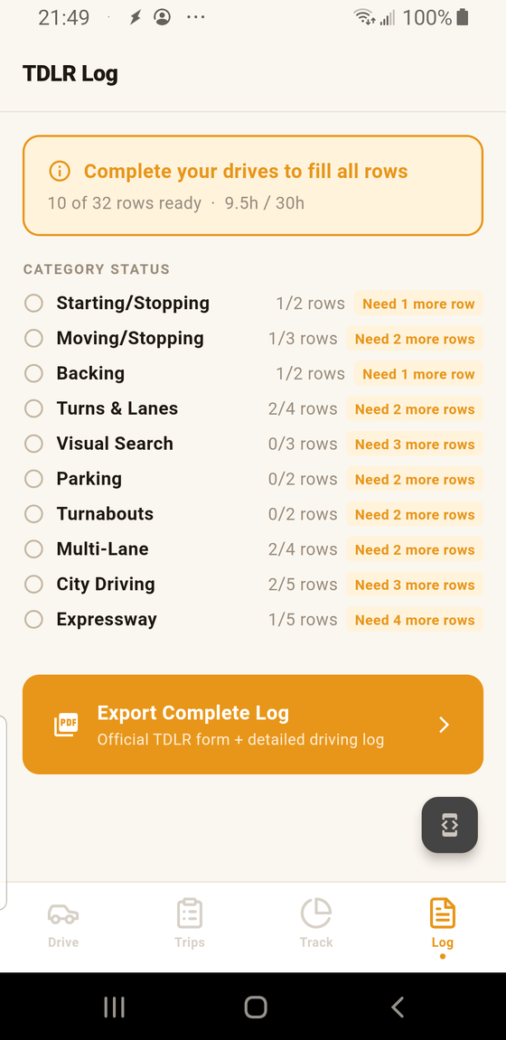 LearnerLog TDLR Log tab showing a progress banner (10 of 32 rows ready · 9.5h / 30h), a category status list with rows-needed tags, and a large Export Complete Log button