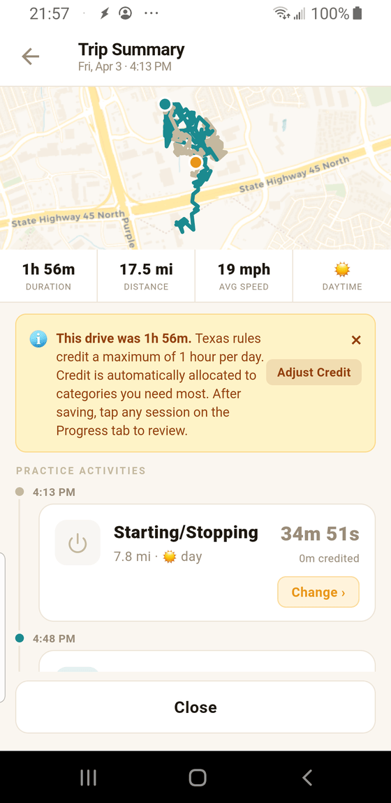 Trip Summary showing the map, stats bar, and the top of the Practice Activities list. A merge pill appears between two adjacent same-category segments when present.