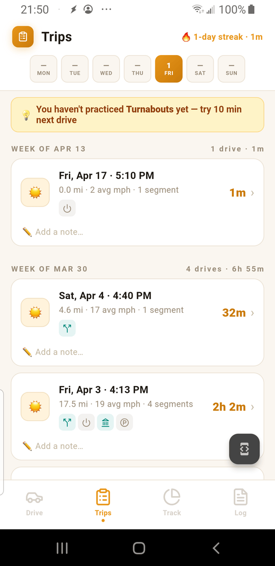 LearnerLog Trips tab showing a streak badge, a day-of-week strip with today highlighted, a tip banner, and weekly groups of drive cards with distance, speed, segments, and duration